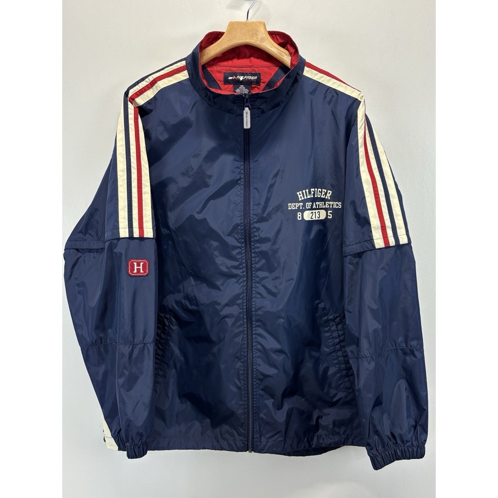 Vtg Y2K Tommy Hilfiger Windbreaker Jacket Men's XXL 2XL Navy Zip Off Sleeves